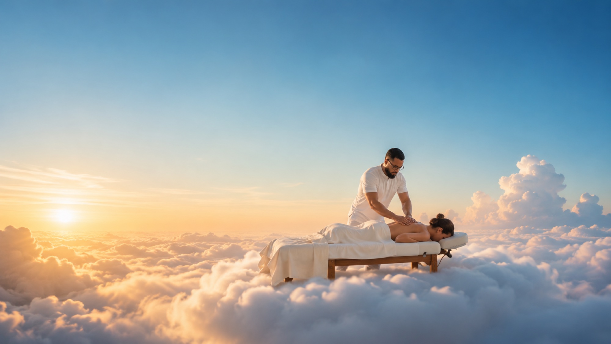Sessão de massagem ao pôr do sol acima das nuvens