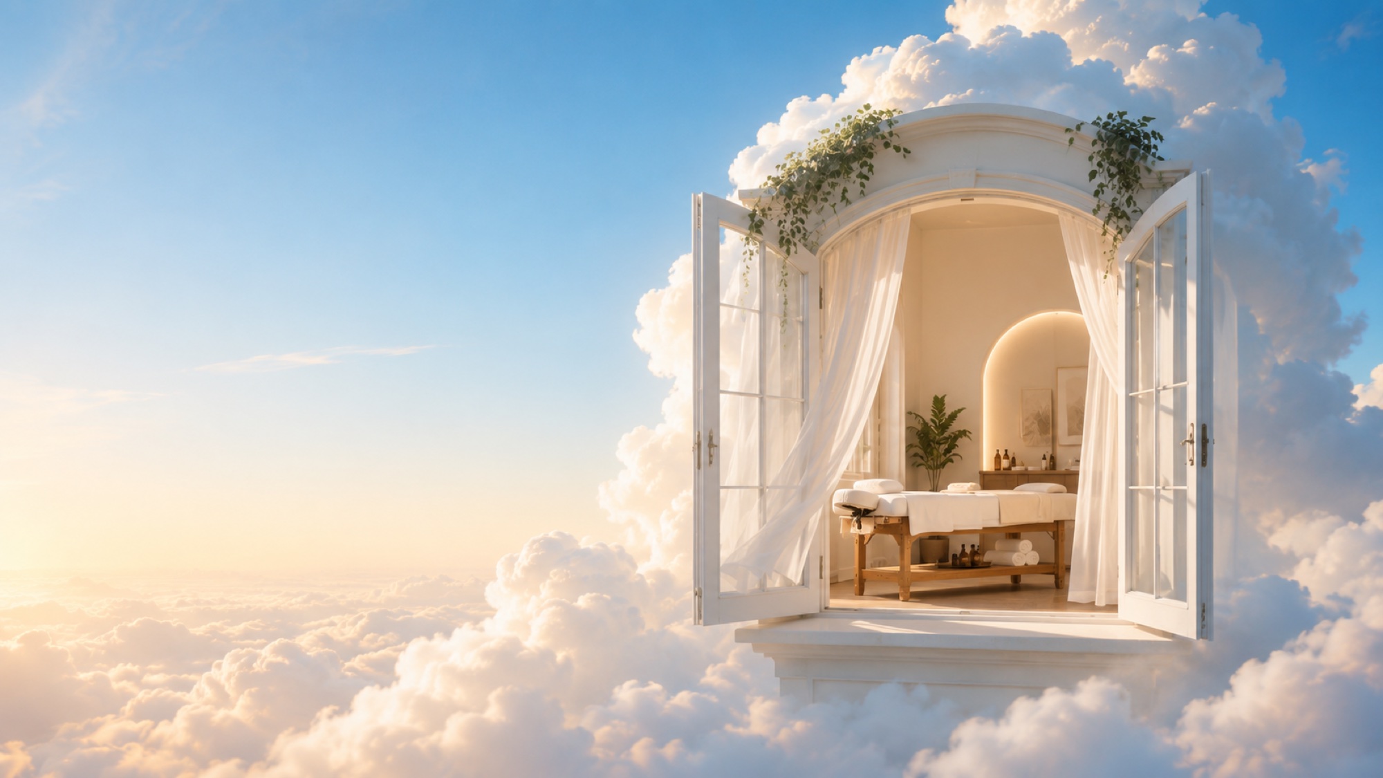 Janela aberta para uma sala de massagem entre as nuvens